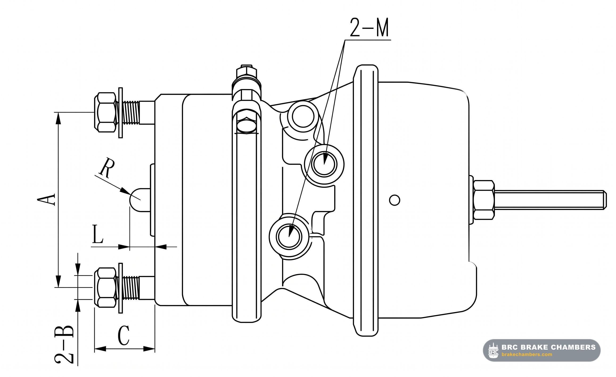 Type 16/24 Short-Stroke Double Diaphragm Spring Brake Chamber (15mm Pushrod) Technical Drawing Thumbnail