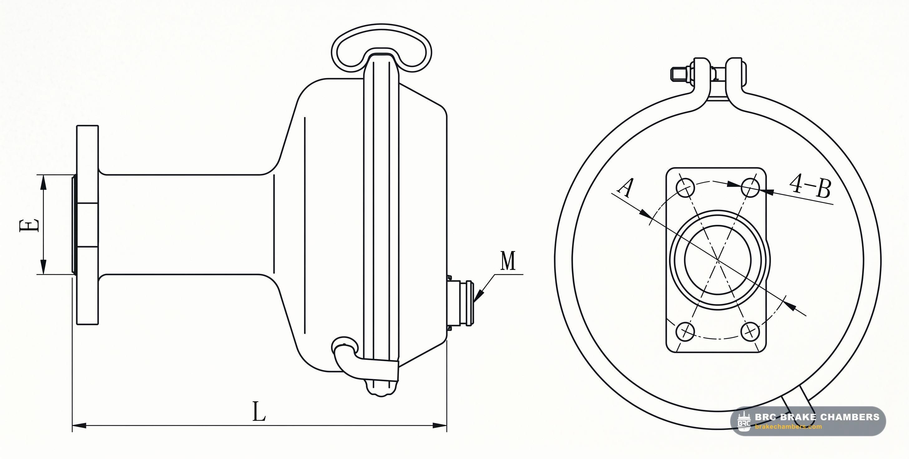Type 30 Japanese Style 4-Bolt Flange Brake Chamber Technical Drawing Thumbnail