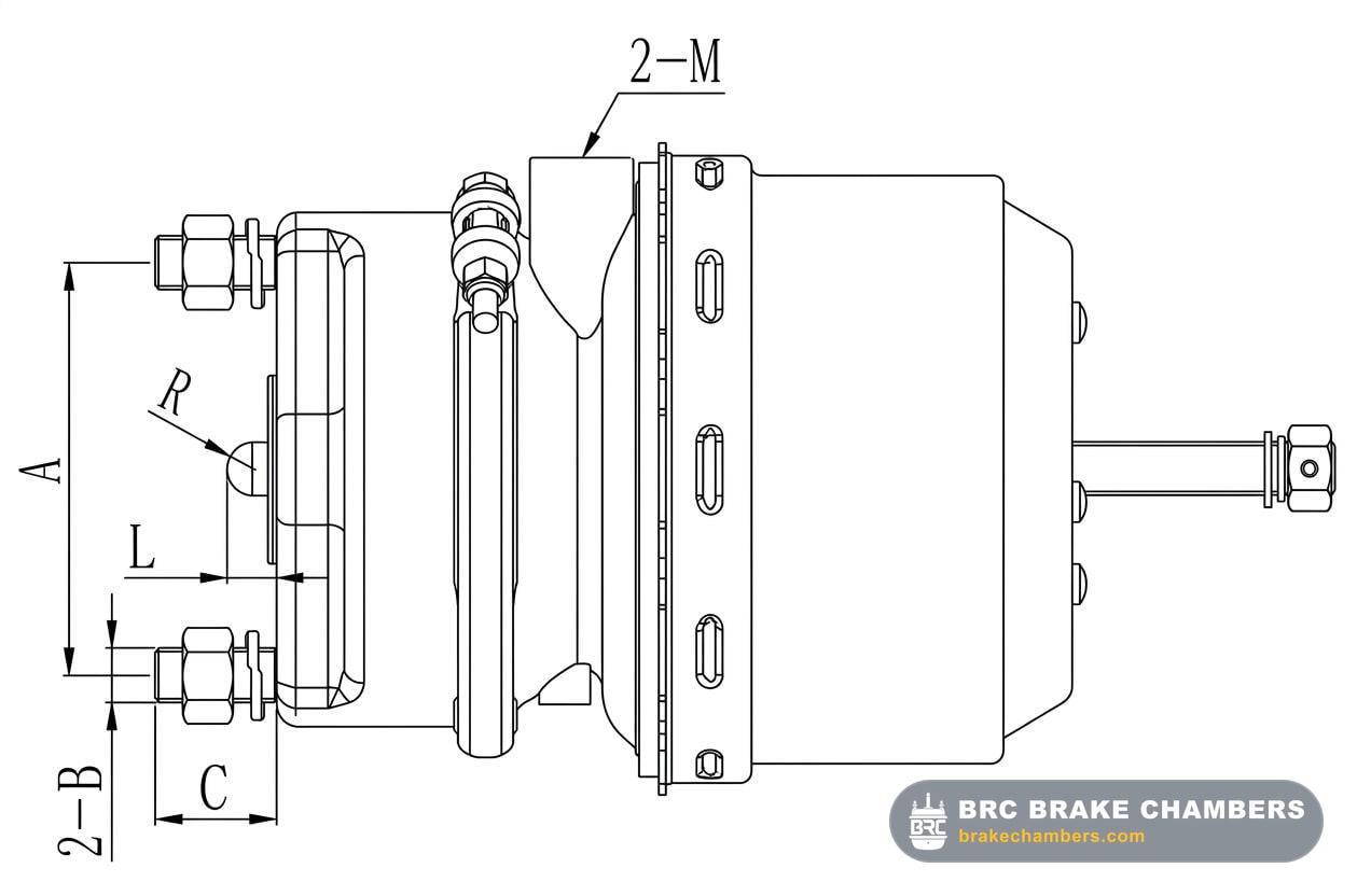 Type 16/16 Short-Stroke Piston-Diaphragm Brake Chamber (15mm Pushrod) Technical Drawing Thumbnail