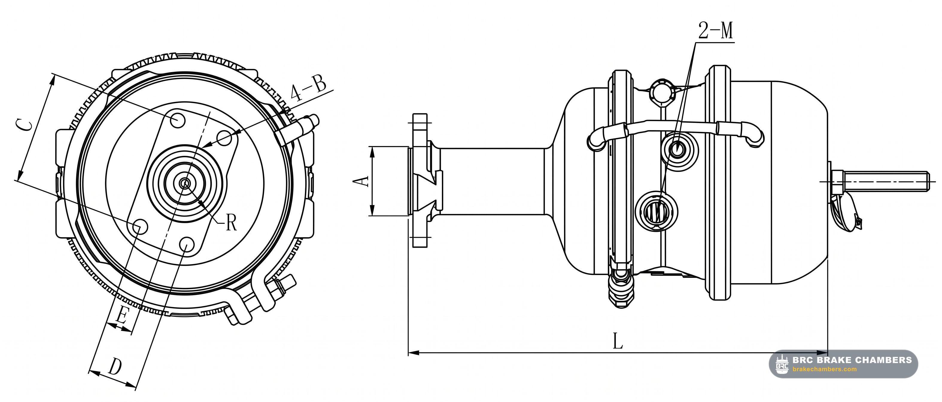 Type 20/24 Japanese Style 4-Bolt Flange Double Diaphragm Spring Brake Technical Drawing Thumbnail