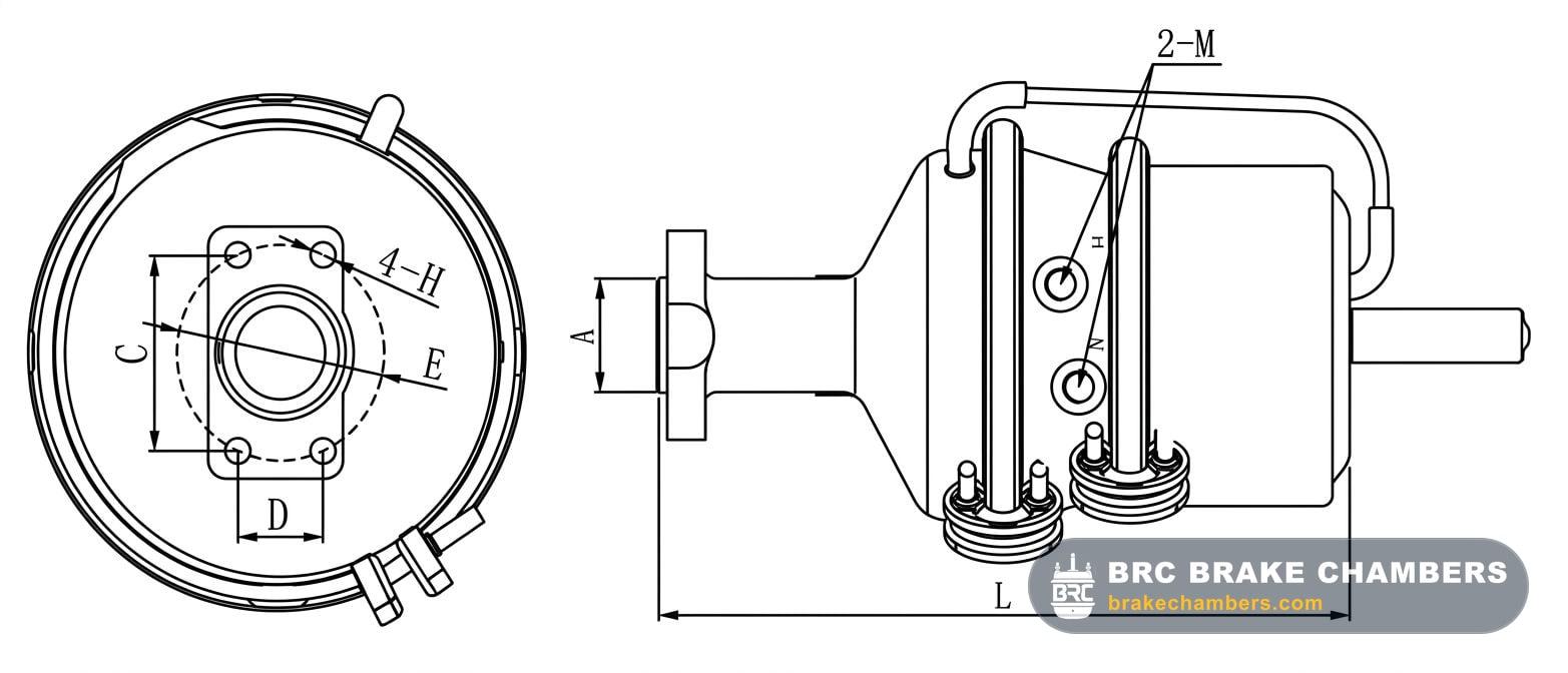 Type 24/24 FUSO-193 4-Bolt Flange Piston-Diaphragm Brake Chamber Technical Drawing Thumbnail