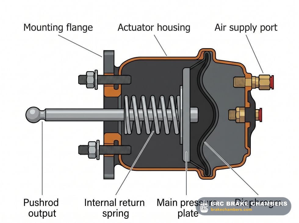 Air disc brake actuator (ADB) technical illustration with parts labeling.