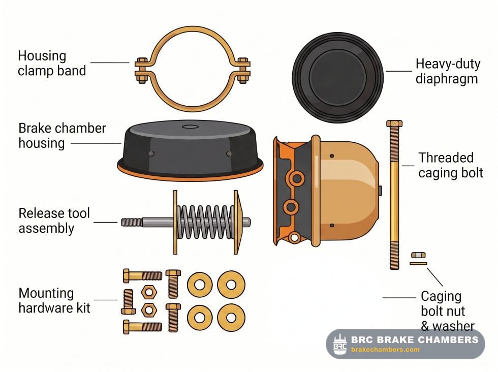 Knolling diagram layout of commercial brake chamber replacement hardware parts and diaphragm kit.