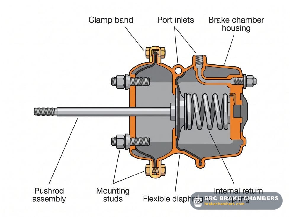 Labeled cutaway diagram showing the internal components of a single service brake chamber.