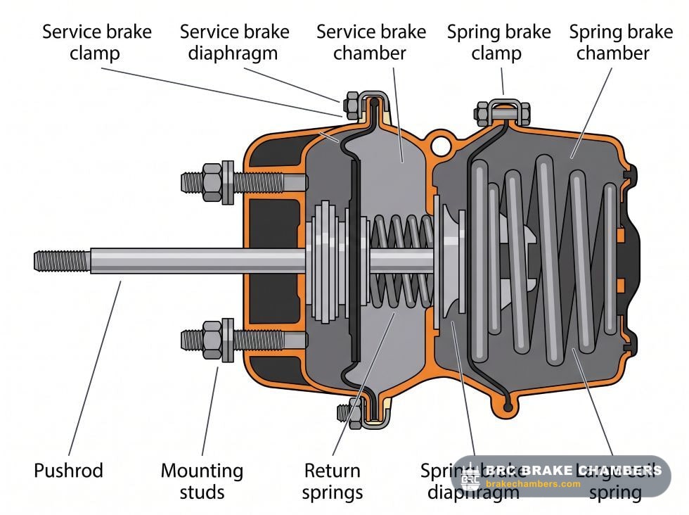Technical 2D cross-section diagram of a commercial truck spring brake chamber with component labels.